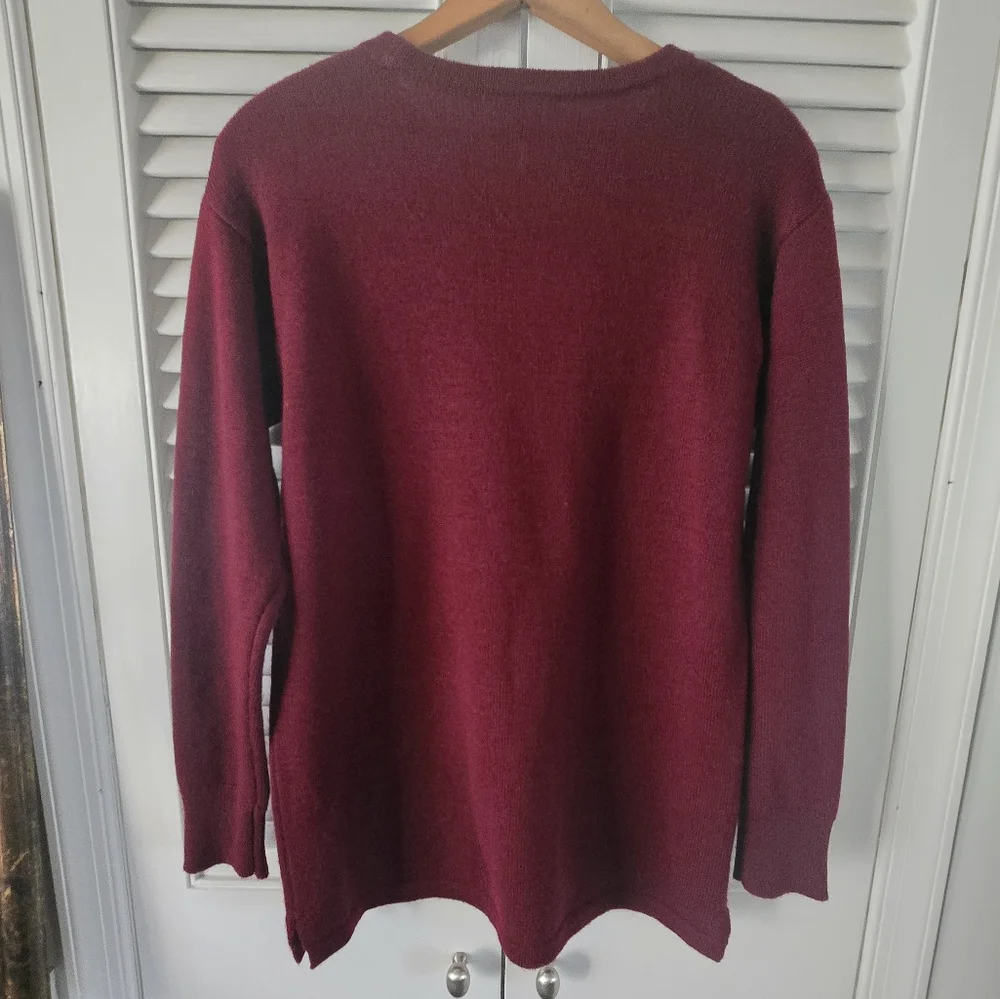 J.Crew Merino Wool Burgundy Sweater Faux Leather Pockets Size L